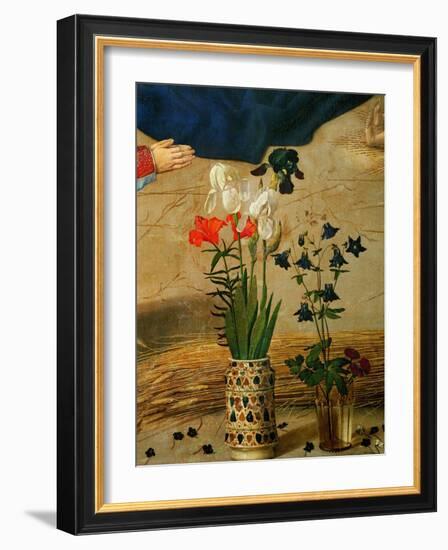 Vase with White, Red and Blue Lilies and Iris, Another with Seven Columbines-Hugo van der Goes-Framed Giclee Print