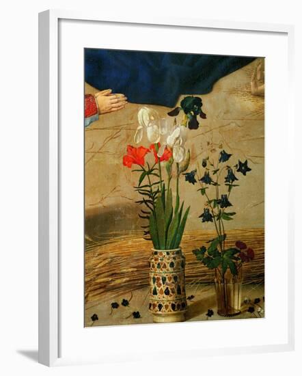 Vase with White, Red and Blue Lilies and Iris, Another with Seven Columbines-Hugo van der Goes-Framed Giclee Print