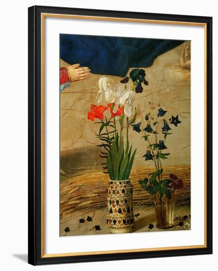 Vase with White, Red and Blue Lilies and Iris, Another with Seven Columbines-Hugo van der Goes-Framed Giclee Print