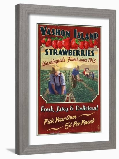 Vashon Island, WA - Strawberry Farm - Vintage Sign-Lantern Press-Framed Art Print