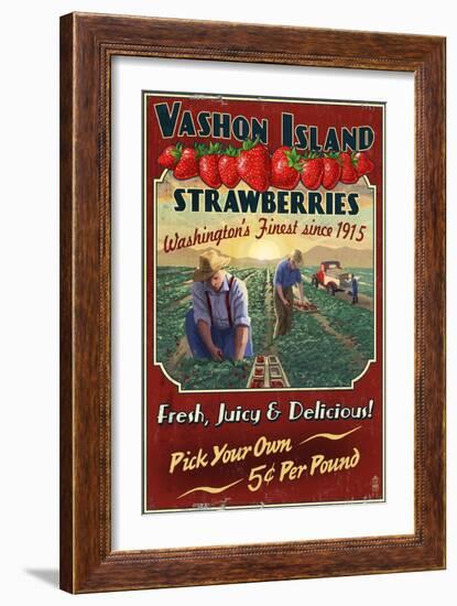 Vashon Island, WA - Strawberry Farm - Vintage Sign-Lantern Press-Framed Art Print