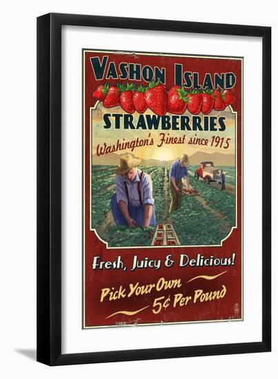 Vashon Island, WA - Strawberry Farm - Vintage Sign-Lantern Press-Framed Art Print