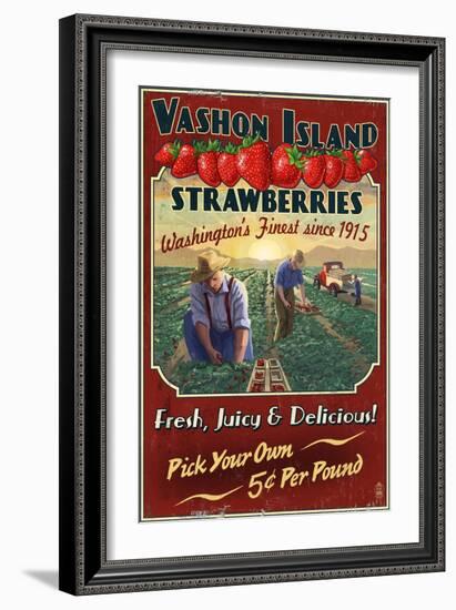Vashon Island, WA - Strawberry Farm - Vintage Sign-Lantern Press-Framed Art Print