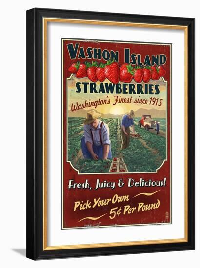 Vashon Island, WA - Strawberry Farm - Vintage Sign-Lantern Press-Framed Art Print