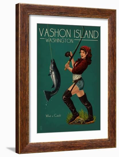 Vashon Island, Washington - Pinup Girl Salmon Fishing-Lantern Press-Framed Art Print