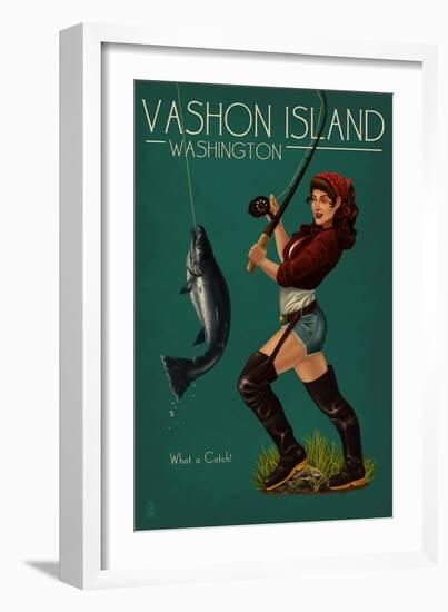 Vashon Island, Washington - Pinup Girl Salmon Fishing-Lantern Press-Framed Art Print