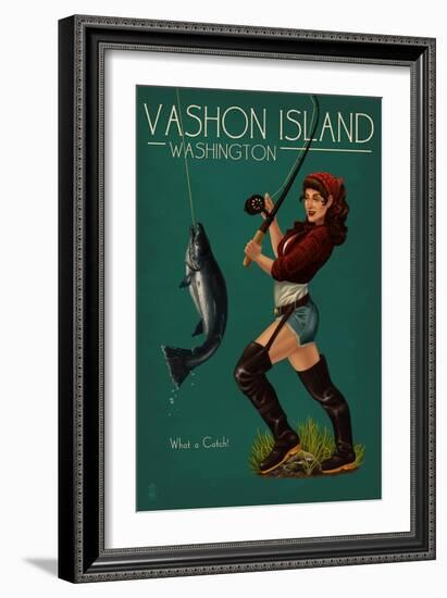 Vashon Island, Washington - Pinup Girl Salmon Fishing-Lantern Press-Framed Art Print