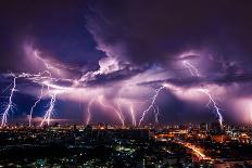 Lightning Storm over City in Purple Light-Vasin Lee-Photographic Print