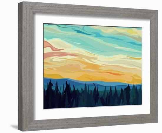 Vector Abstract Illustration Background: Clouds and Hills of Coniferous Forest against Sunset Sky.-Vertyr-Framed Art Print