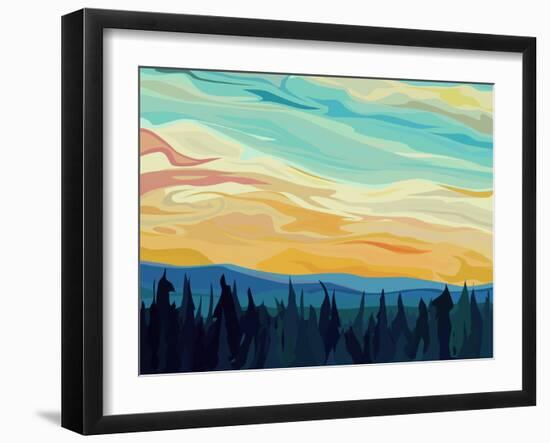 Vector Abstract Illustration Background: Clouds and Hills of Coniferous Forest against Sunset Sky.-Vertyr-Framed Art Print