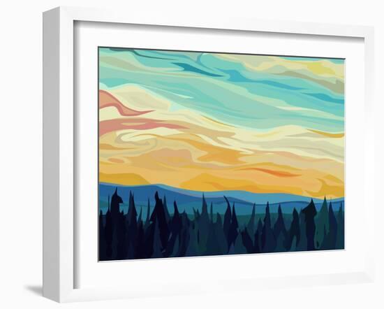 Vector Abstract Illustration Background: Clouds and Hills of Coniferous Forest against Sunset Sky.-Vertyr-Framed Art Print