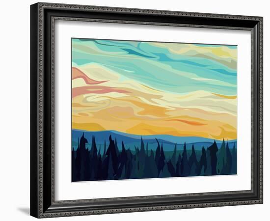 Vector Abstract Illustration Background: Clouds and Hills of Coniferous Forest against Sunset Sky.-Vertyr-Framed Art Print