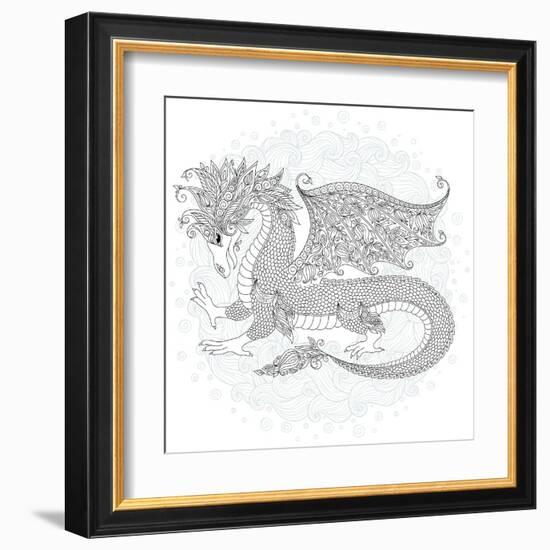 Vector Cartoon Dragon. Hand Drawn. Black, White. Doodle Sketch. Zen Tangle Henna Tattoo. Adults Col-photo-nuke-Framed Art Print
