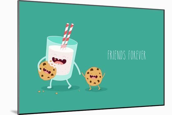 Vector Cartoons of Comic Characters Glass of Milk and Cookies. Friends Forever. Breakfast-Serbinka-Mounted Art Print