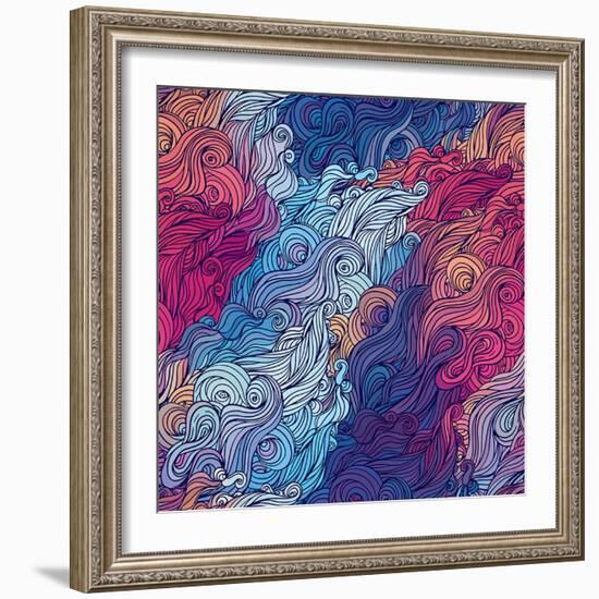 Vector Color Abstract Hand-Drawn Hair Pattern with Waves and Clouds. Asian Style.-Gorbash Varvara-Framed Art Print