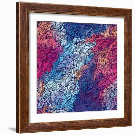 Vector Color Abstract Hand-Drawn Hair Pattern with Waves and Clouds. Asian Style.-Gorbash Varvara-Framed Art Print