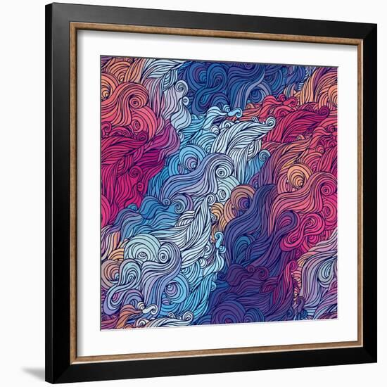 Vector Color Abstract Hand-Drawn Hair Pattern with Waves and Clouds. Asian Style.-Gorbash Varvara-Framed Art Print