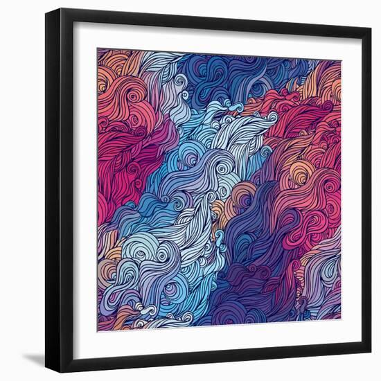 Vector Color Abstract Hand-Drawn Hair Pattern with Waves and Clouds. Asian Style.-Gorbash Varvara-Framed Art Print