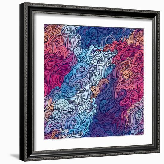 Vector Color Abstract Hand-Drawn Hair Pattern with Waves and Clouds. Asian Style.-Gorbash Varvara-Framed Art Print