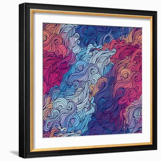 Vector Color Abstract Hand-Drawn Hair Pattern with Waves and Clouds. Asian Style.-Gorbash Varvara-Framed Art Print