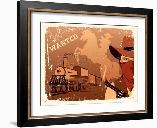 Vector Cowboy and Train. Western Grunge Poster-Tancha-Framed Art Print