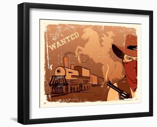 Vector Cowboy and Train. Western Grunge Poster-Tancha-Framed Art Print