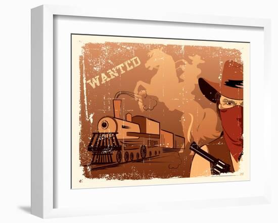 Vector Cowboy and Train. Western Grunge Poster-Tancha-Framed Art Print