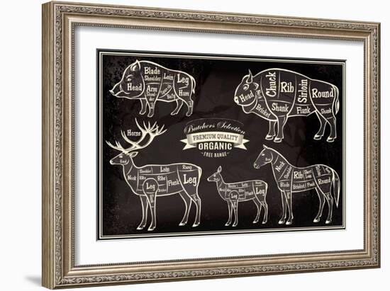 Vector Diagram Cut Carcasses Boar, Bison, Deer, Horse-111chemodan111-Framed Premium Giclee Print