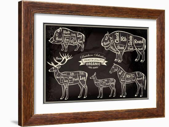 Vector Diagram Cut Carcasses Boar, Bison, Deer, Horse-111chemodan111-Framed Premium Giclee Print