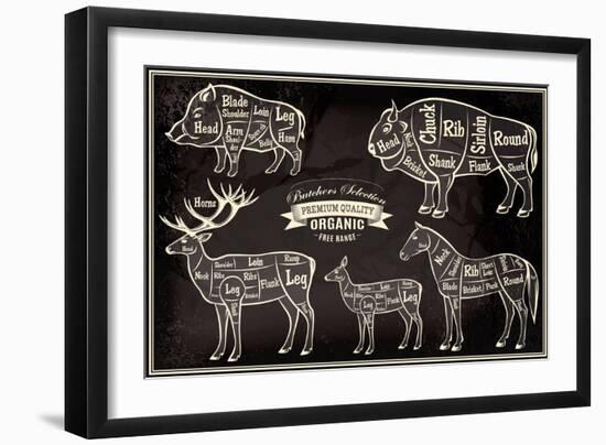 Vector Diagram Cut Carcasses Boar, Bison, Deer, Horse-111chemodan111-Framed Premium Giclee Print