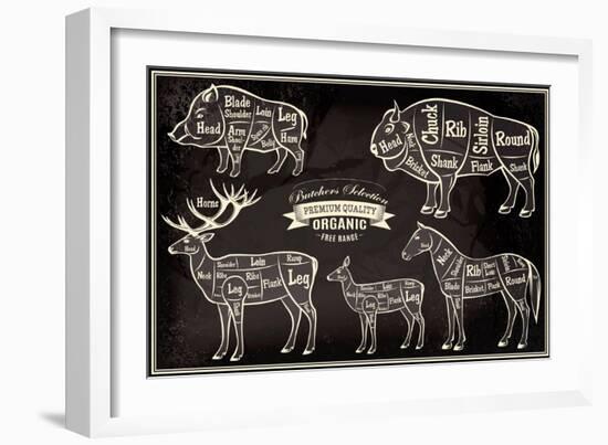 Vector Diagram Cut Carcasses Boar, Bison, Deer, Horse-111chemodan111-Framed Premium Giclee Print