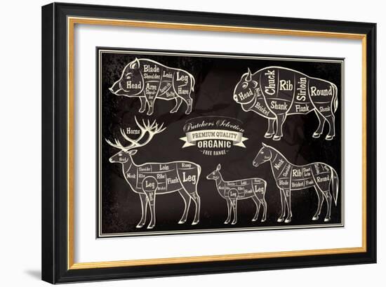 Vector Diagram Cut Carcasses Boar, Bison, Deer, Horse-111chemodan111-Framed Premium Giclee Print