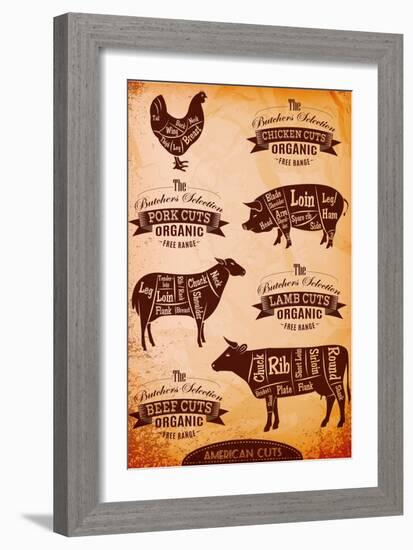 Vector Diagram Cut Carcasses Chicken, Pig, Cow, Lamb-111chemodan111-Framed Art Print