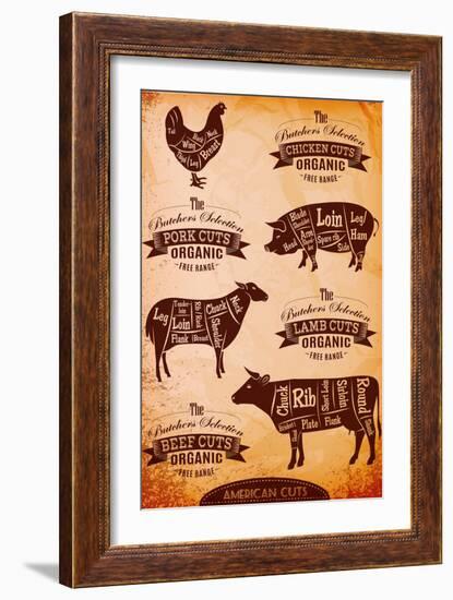 Vector Diagram Cut Carcasses Chicken, Pig, Cow, Lamb-111chemodan111-Framed Art Print