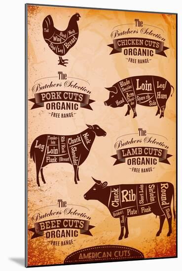 Vector Diagram Cut Carcasses Chicken, Pig, Cow, Lamb-111chemodan111-Mounted Art Print