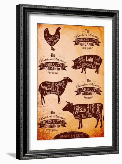 Vector Diagram Cut Carcasses Chicken, Pig, Cow, Lamb-111chemodan111-Framed Art Print