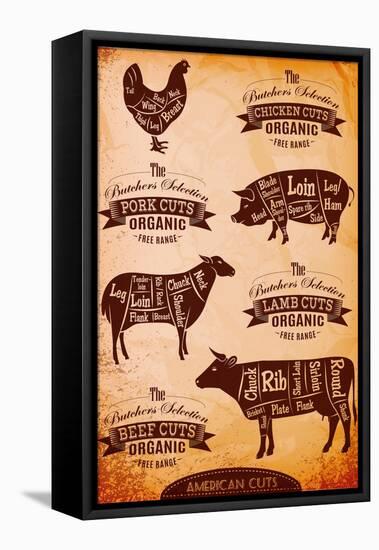 Vector Diagram Cut Carcasses Chicken, Pig, Cow, Lamb-111chemodan111-Framed Stretched Canvas