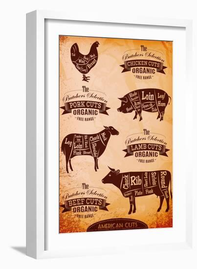 Vector Diagram Cut Carcasses Chicken, Pig, Cow, Lamb-111chemodan111-Framed Premium Giclee Print