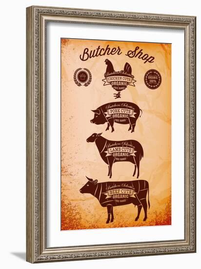 Vector Diagram Cut Carcasses Chicken, Pig, Cow, Lamb-111chemodan111-Framed Art Print