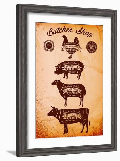 Vector Diagram Cut Carcasses Chicken, Pig, Cow, Lamb-111chemodan111-Framed Art Print