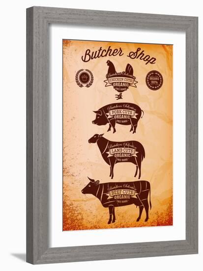 Vector Diagram Cut Carcasses Chicken, Pig, Cow, Lamb-111chemodan111-Framed Art Print