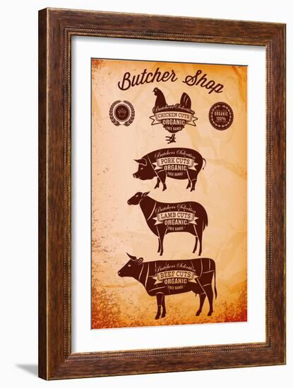 Vector Diagram Cut Carcasses Chicken, Pig, Cow, Lamb-111chemodan111-Framed Art Print