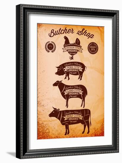 Vector Diagram Cut Carcasses Chicken, Pig, Cow, Lamb-111chemodan111-Framed Art Print