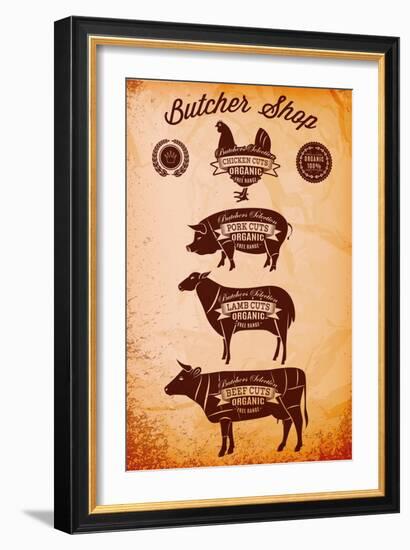 Vector Diagram Cut Carcasses Chicken, Pig, Cow, Lamb-111chemodan111-Framed Art Print