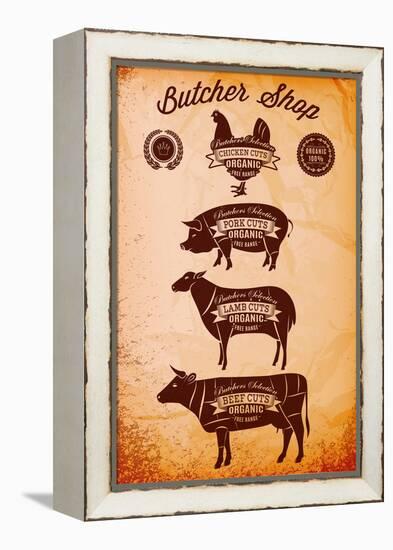 Vector Diagram Cut Carcasses Chicken, Pig, Cow, Lamb-111chemodan111-Framed Stretched Canvas