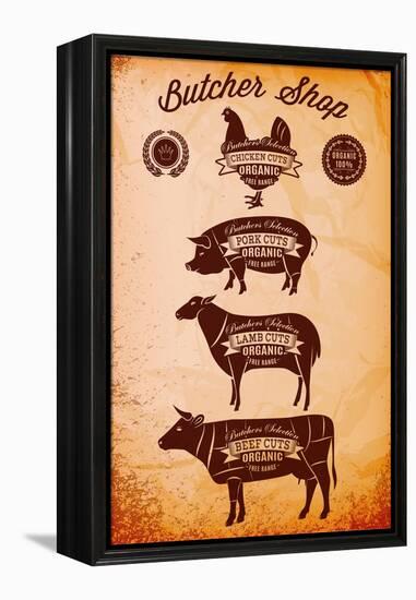 Vector Diagram Cut Carcasses Chicken, Pig, Cow, Lamb-111chemodan111-Framed Stretched Canvas