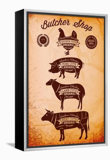 Vector Diagram Cut Carcasses Chicken, Pig, Cow, Lamb-111chemodan111-Framed Stretched Canvas