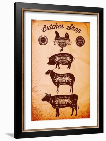 Vector Diagram Cut Carcasses Chicken, Pig, Cow, Lamb-111chemodan111-Framed Premium Giclee Print
