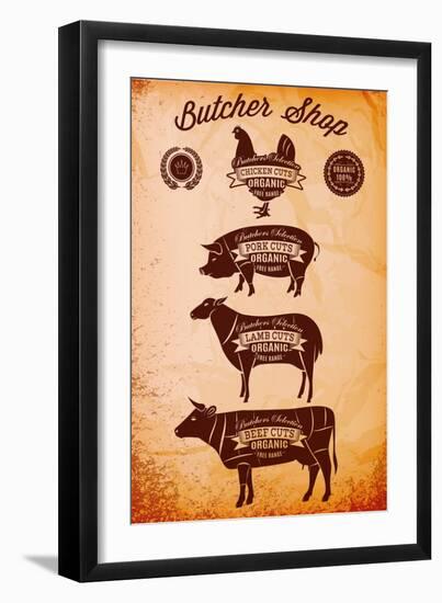 Vector Diagram Cut Carcasses Chicken, Pig, Cow, Lamb-111chemodan111-Framed Premium Giclee Print