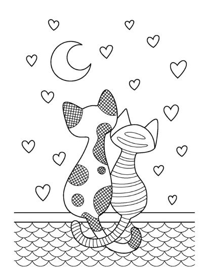 Vector Doodle Coloring Book Page Cats Sitting On The Roof And Look At The Moon On Hearts Background Poster Art Com